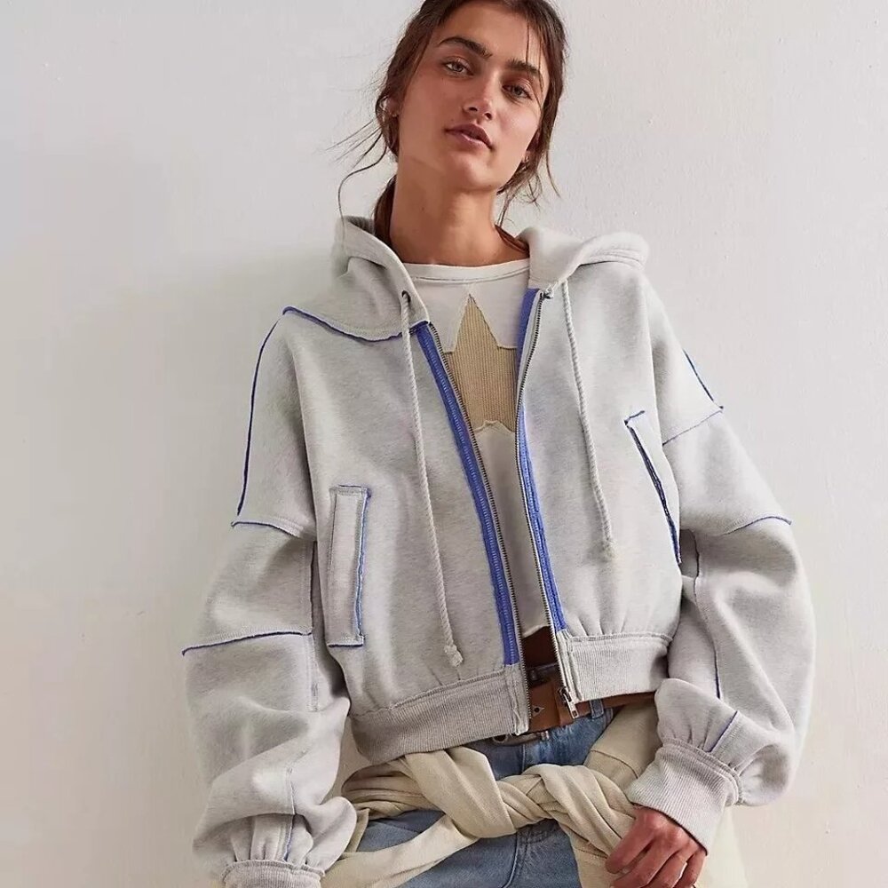 We The Free Light Gray Cropped Zip-Up Hoodie with Blue Trim